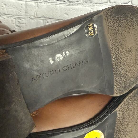 ARTURO CHIANG Brown Leather Tall Heeled Boots Riding Size 9 Stacked Heel - Picture 10 of 11